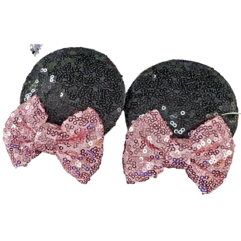 Sequin Ear Headband Clips with Pink Bow - Women Accessories Hair Accessories